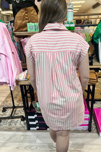 Drop Sleeve Woven Stripe Collared Button Down Mini Dress DRESS SHE&amp;SKY 