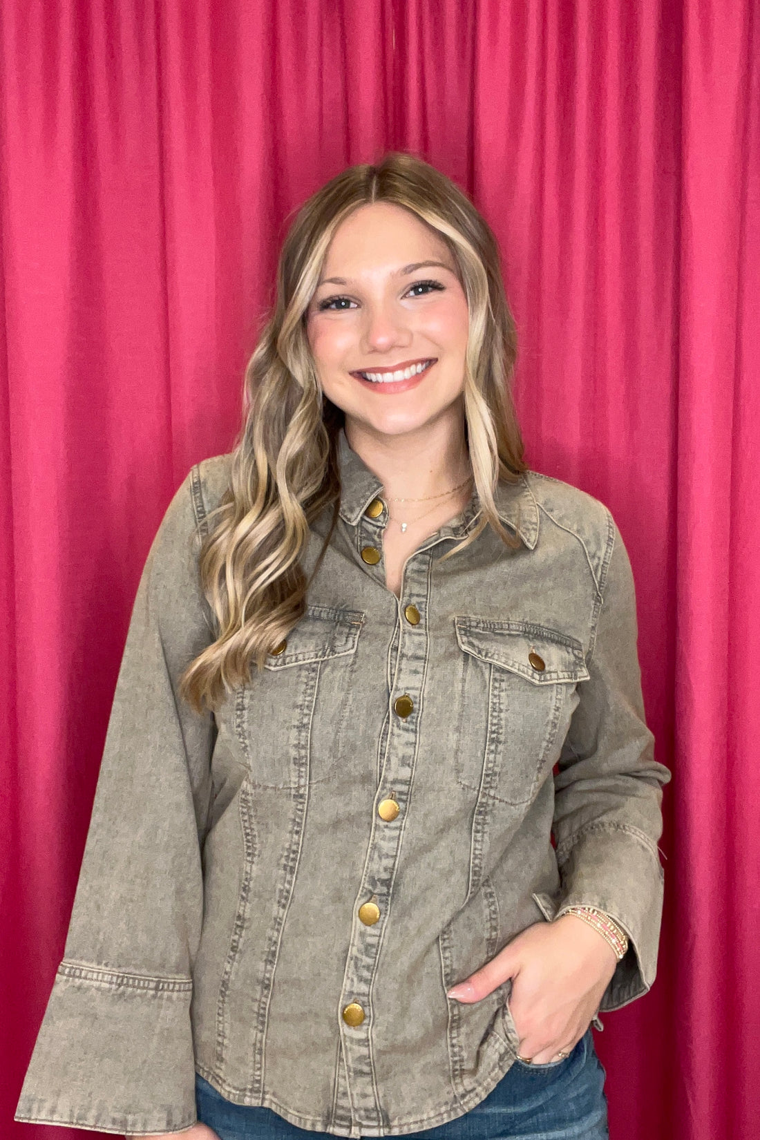 3/43 French Cuff Sleeve Button Down Denim Shirt