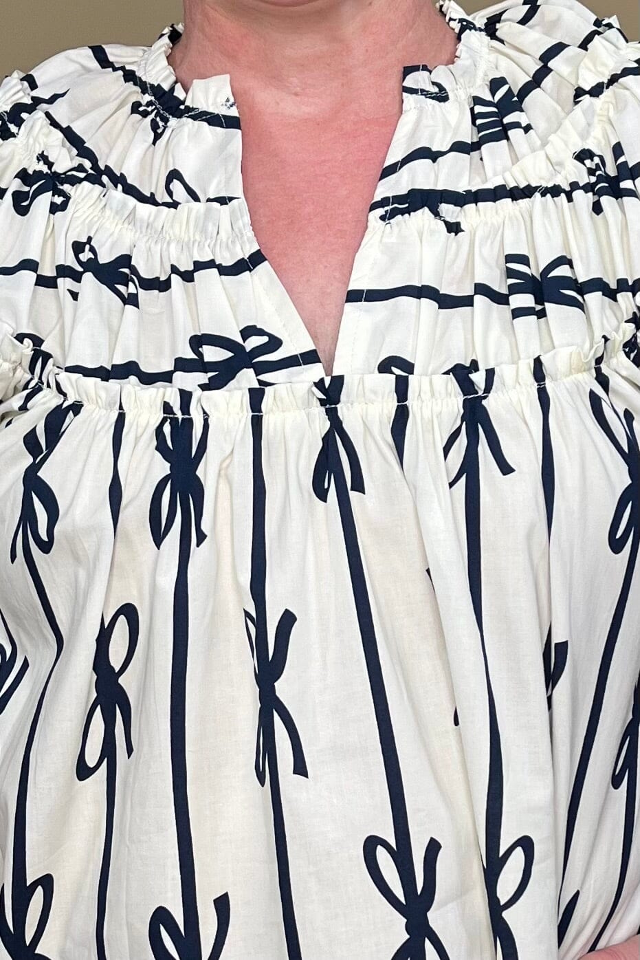 Ribbon Print Shirring Neckline Top JR TOP DRESSY UMGEE 