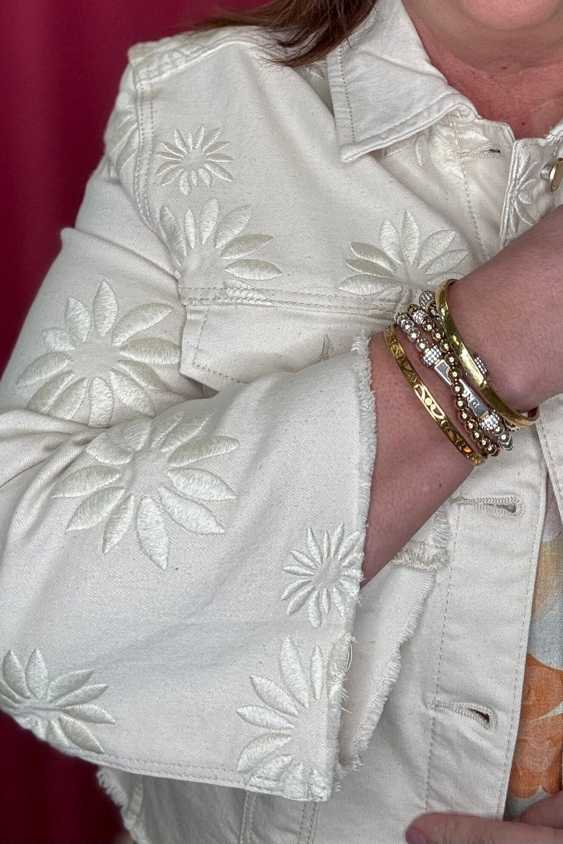 Embroidered Floral Jacket with Fray Hem &amp; Wide Sleeve OUTFIT COMPLETER LIVERPOOL 