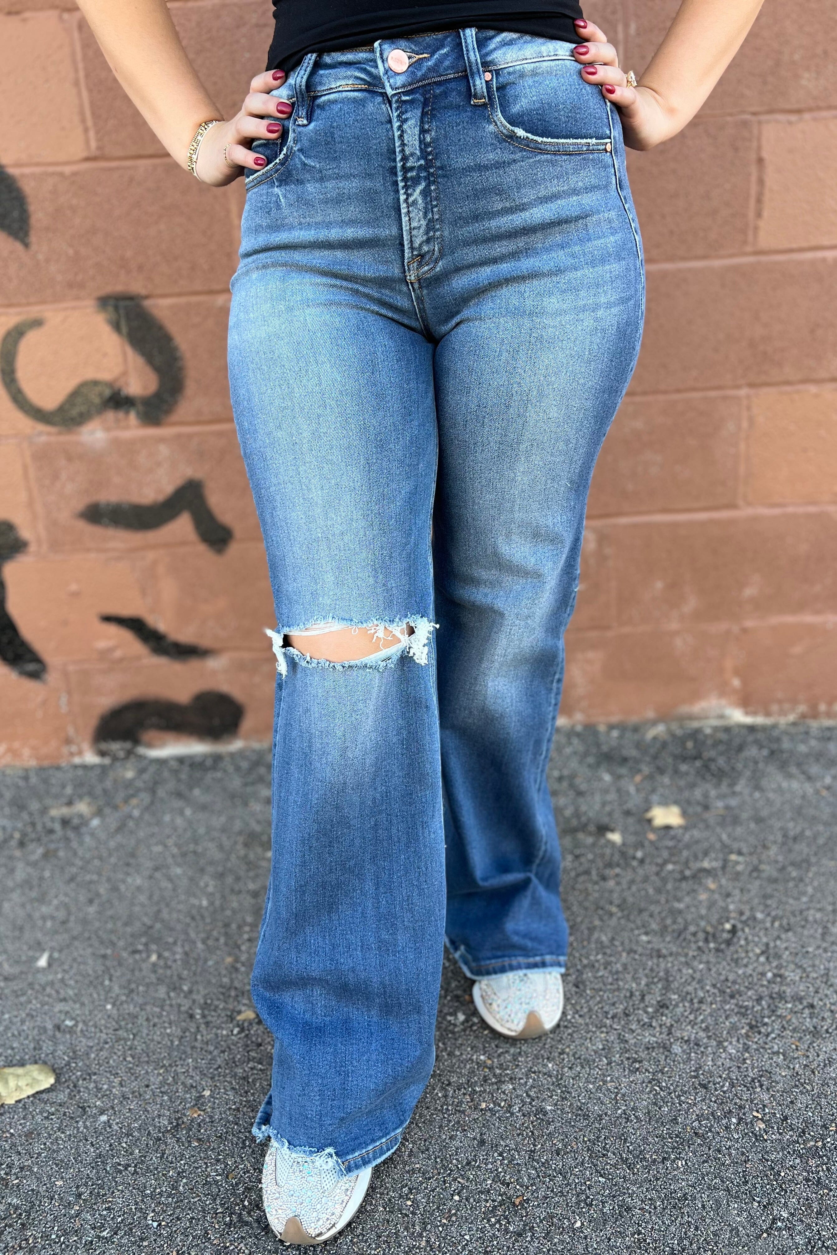 Tummy Control High Rise Wide Leg Knee Distress JEANS RISEN 