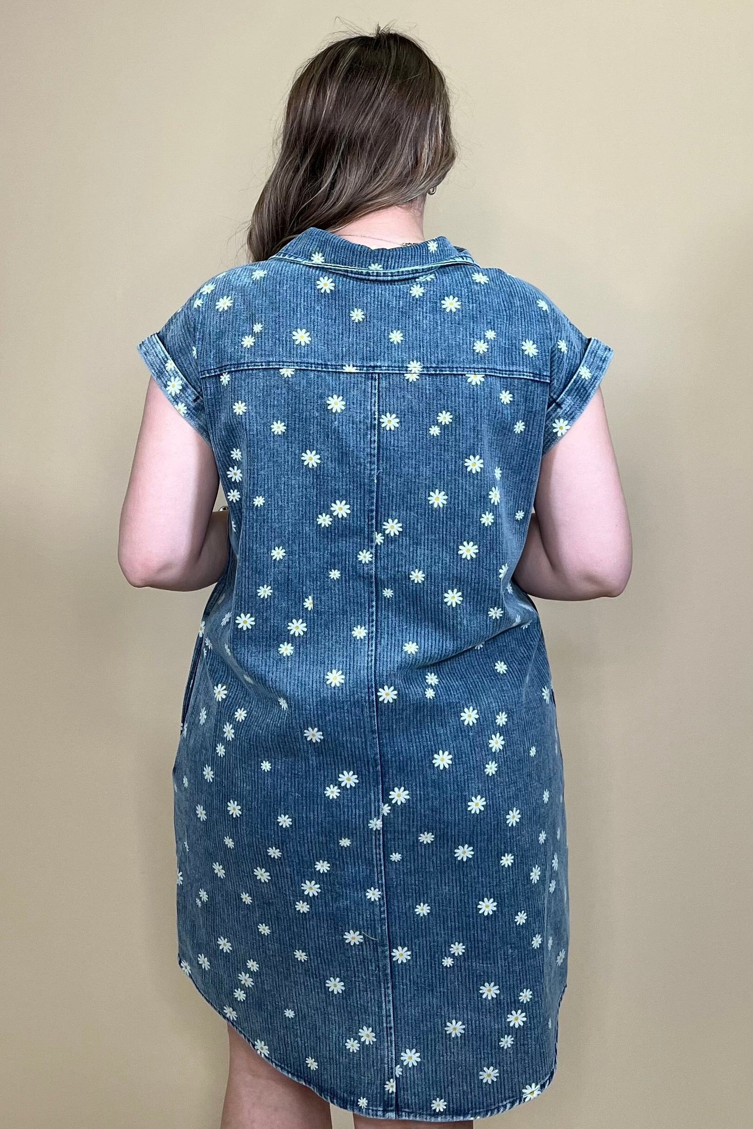 Folded Cuff Button Down Collared Denim Dress DRESS SHE&amp;SKY 