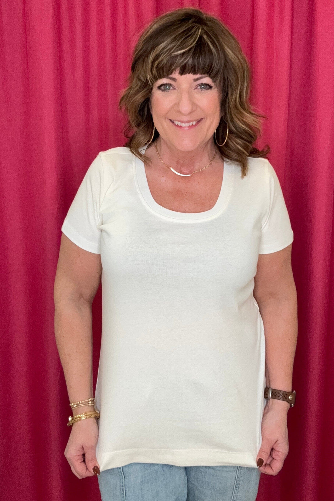 Short Sleeve Scoop Neck Top MISSY BASIC KNIT KEREN HART IVORY S