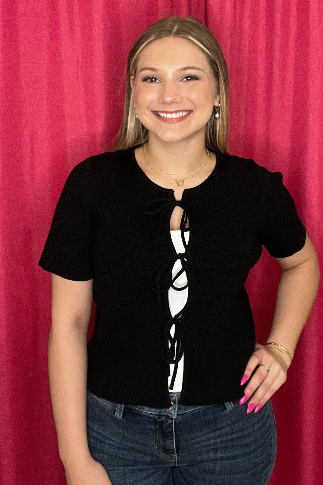 Short Sleeve Tie Front Sweater Cardigan JRTOP CASUAL TOP SHE&amp;SKY BLK S 