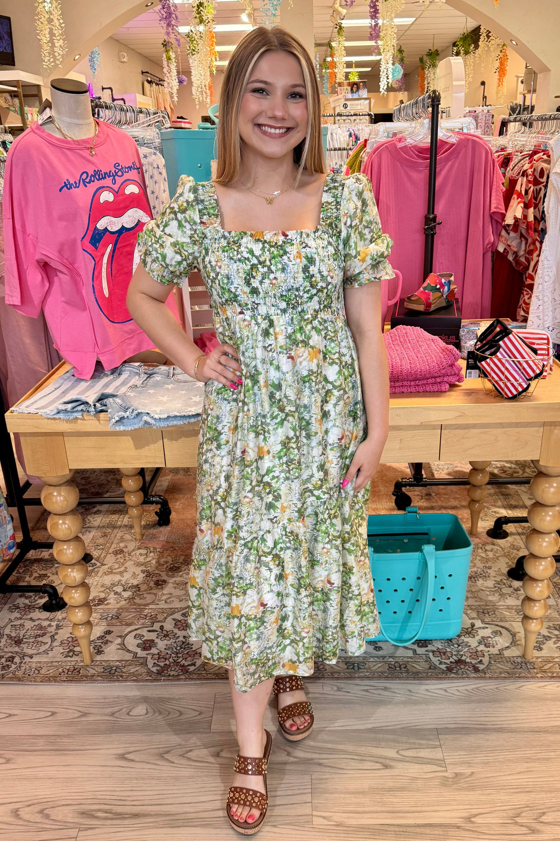 Printed Chiffon Smocked Babydoll Midi Dress DRESS ALLIE & ROSE