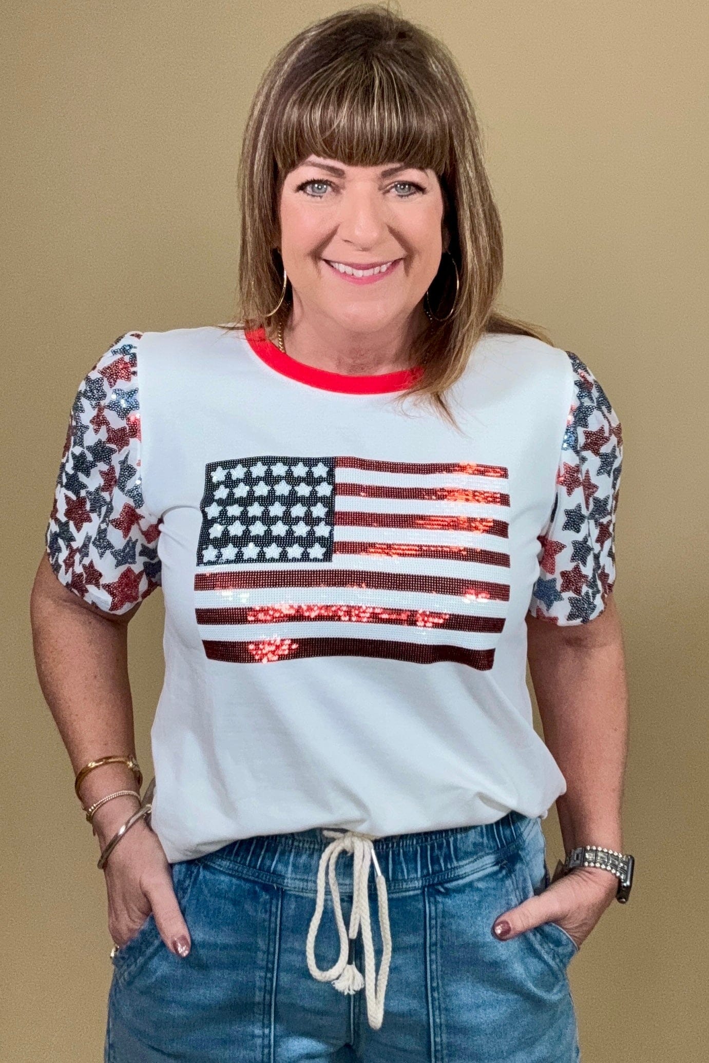 Sequin Flag w/Star Sleeves JRTOP CASUAL TOP SOUTHERN GRACE 