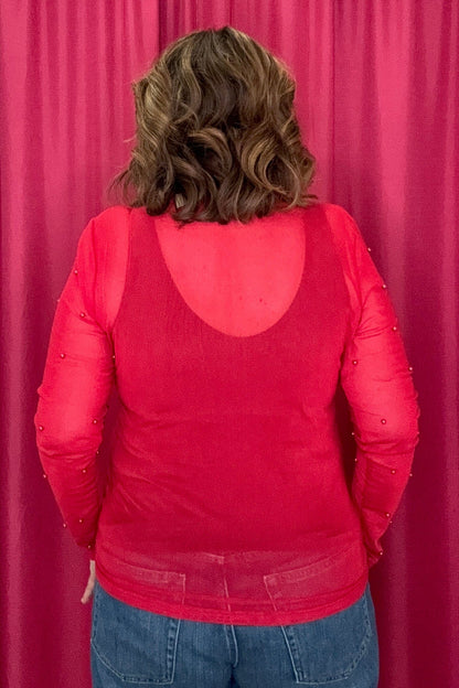 Long Sleeve Mesh w/Pearl Sleeve Detail MISSY BASIC KNIT SOUTHERN GRACE 