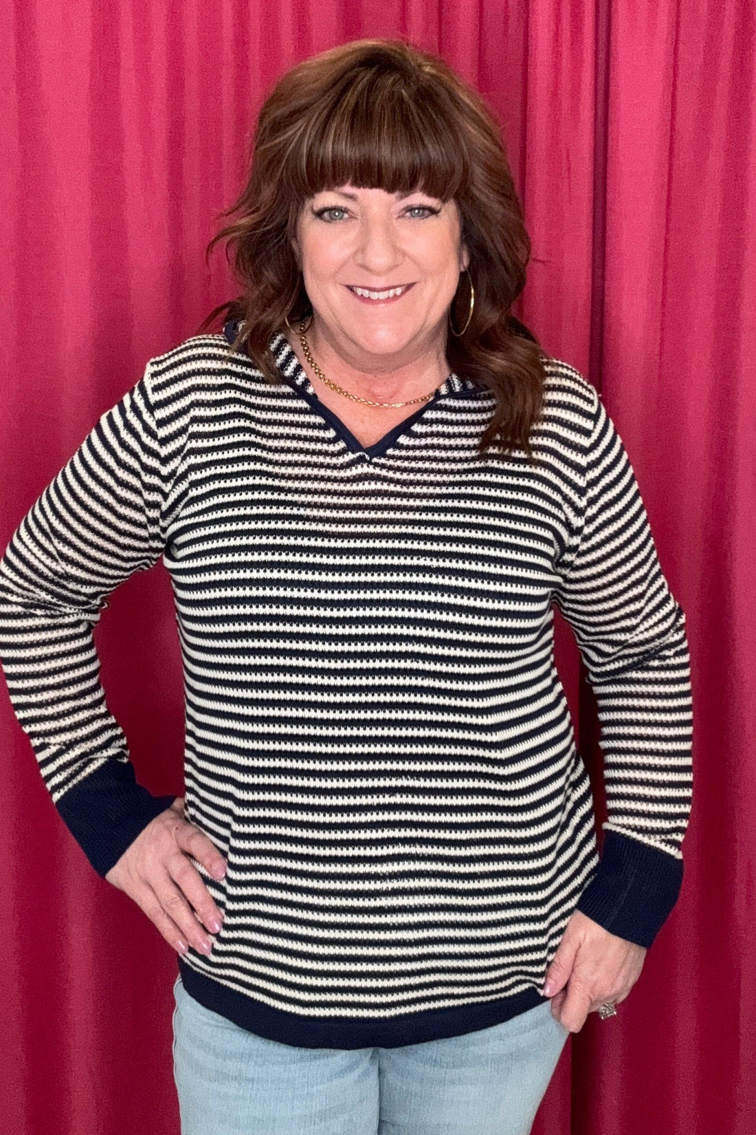 Aruni V-Neck Striped Knit Top with Hood JRTOP CASUAL TOP COCO+CARMEN 