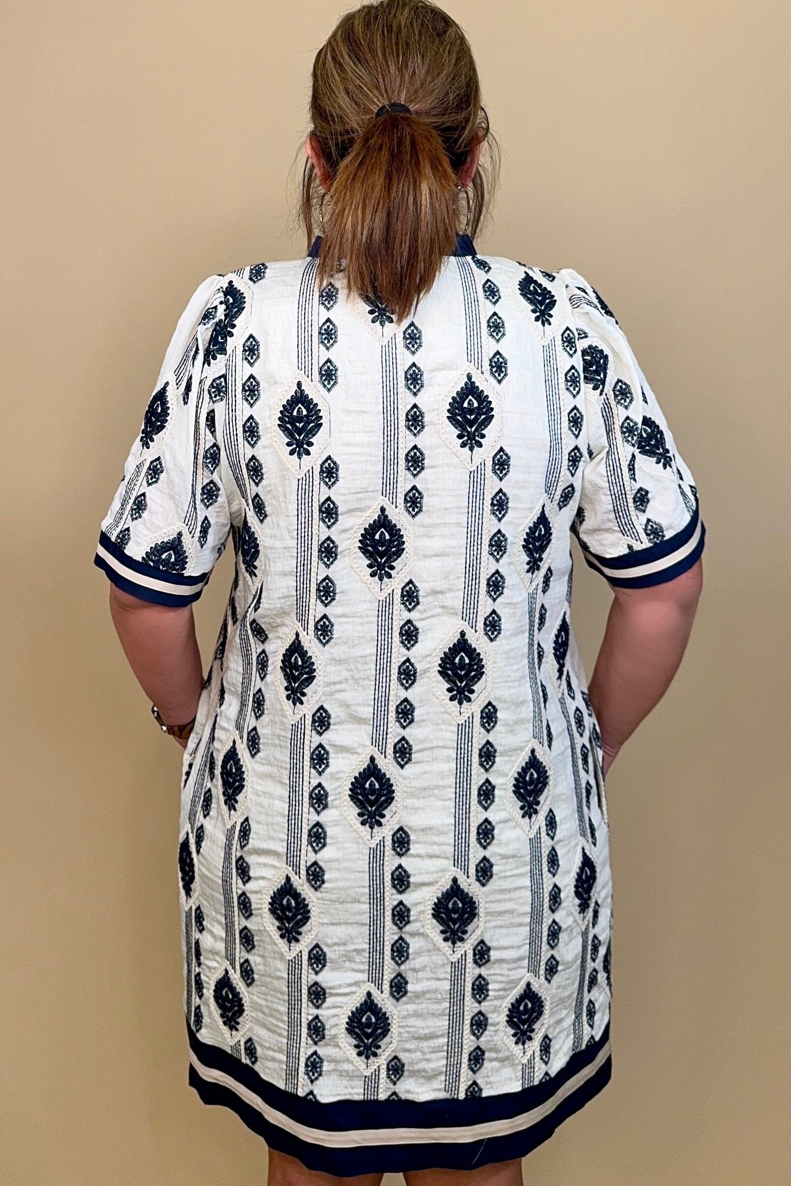 Short Sleeve Woven Embroidered Dress w/Lining and Pockets DRESS SHE&amp;SKY 
