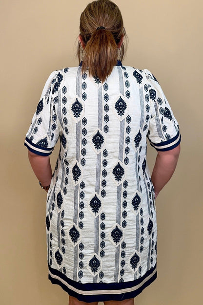 Short Sleeve Woven Embroidered Dress w/Lining and Pockets DRESS SHE&amp;SKY 