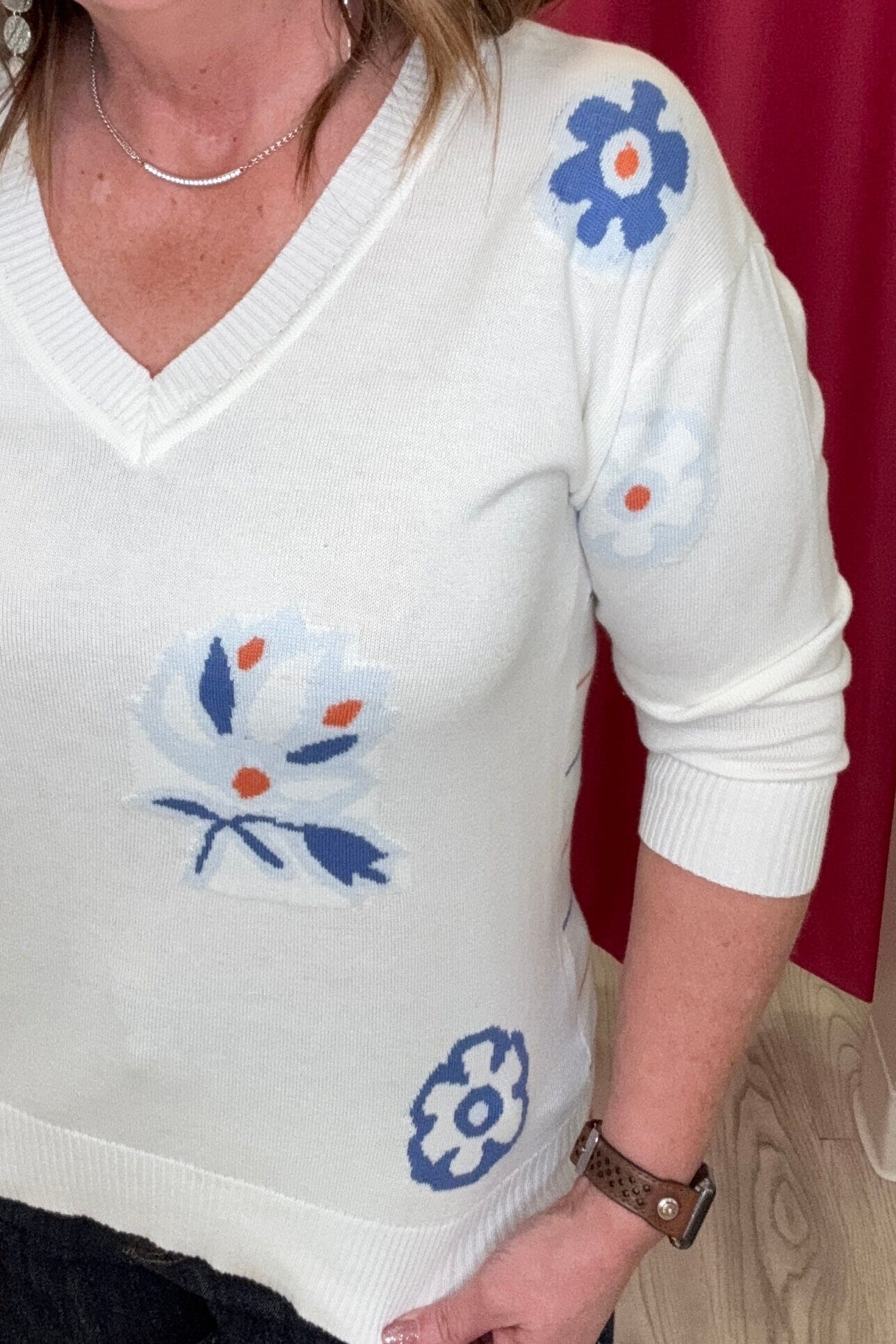 3/4 Sleeve V-Neck Intarsia Sweater MISSY TOP SPECIAL TRIBAL 