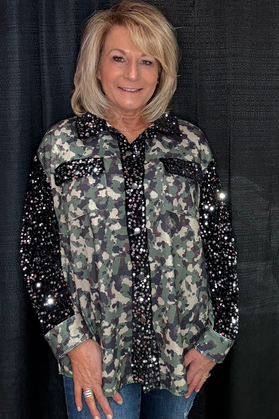 Bold & Classy Camo/Sequin Shacket OUTFIT COMPLETER STERLINGKREEK