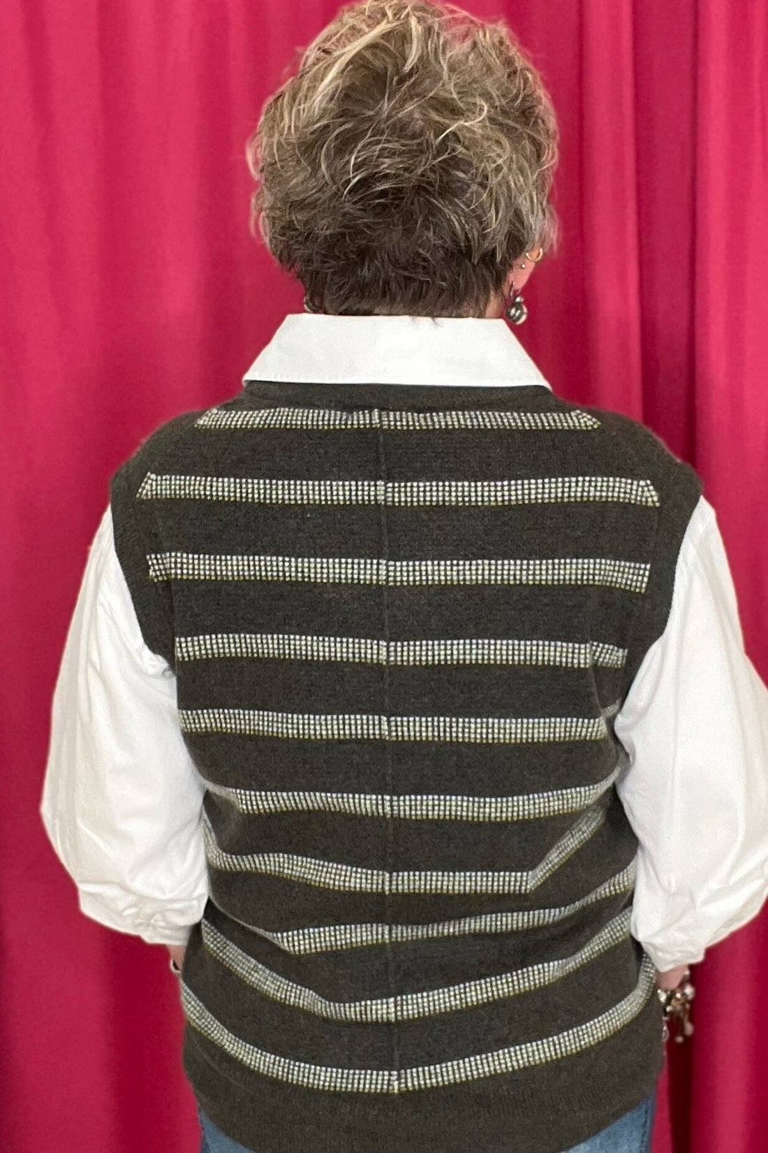 Short Sleeve V-Neck Stripe 2-Fer Sweater Vest MISSY TOP SPECIAL DEMOCRACY 