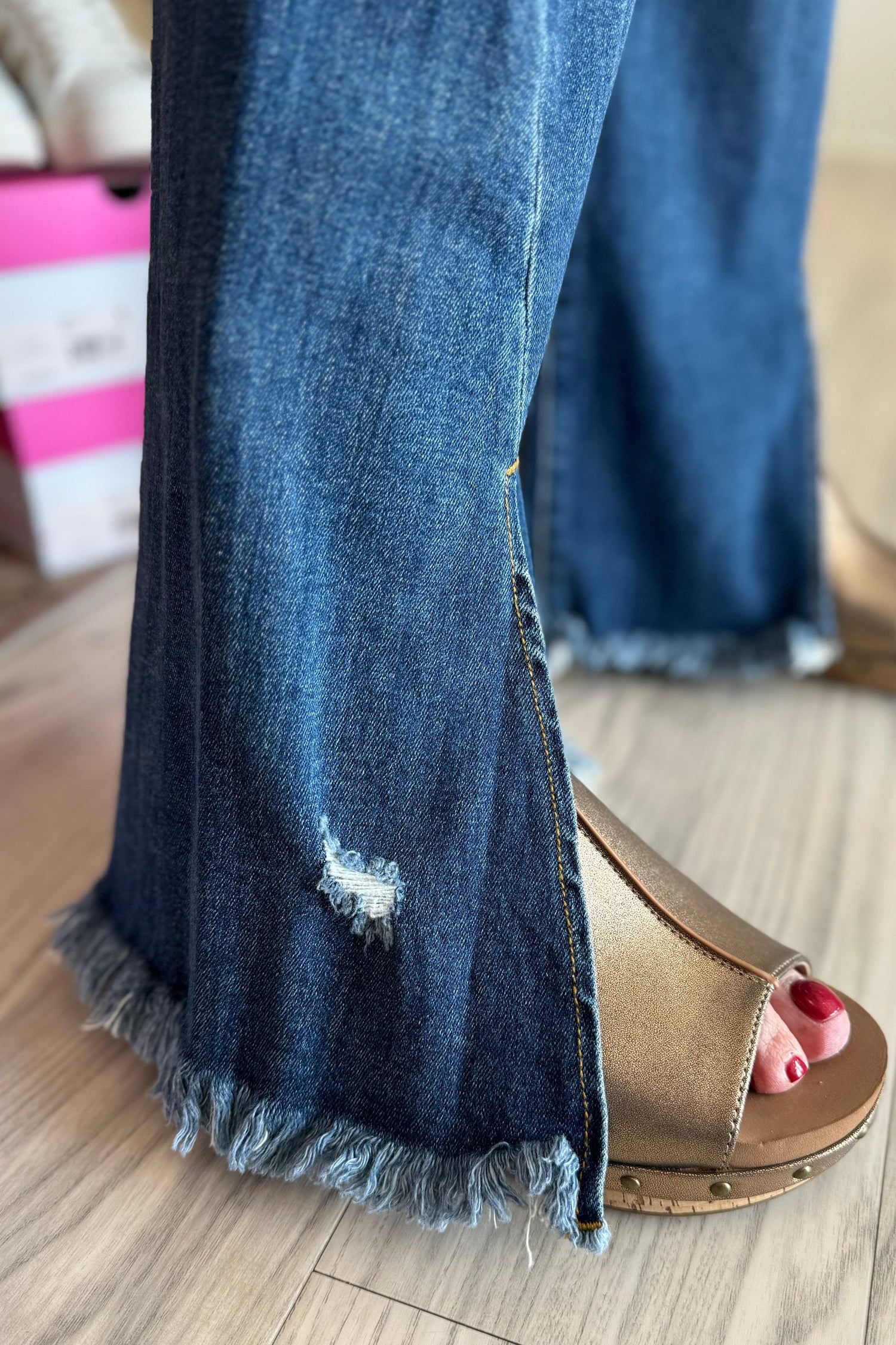 High Rise Flare Front Slit with Fray Hem Jeans JEANS RISEN 