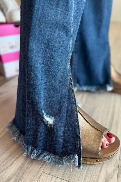 High Rise Flare Front Slit with Fray Hem Jeans JEANS RISEN 