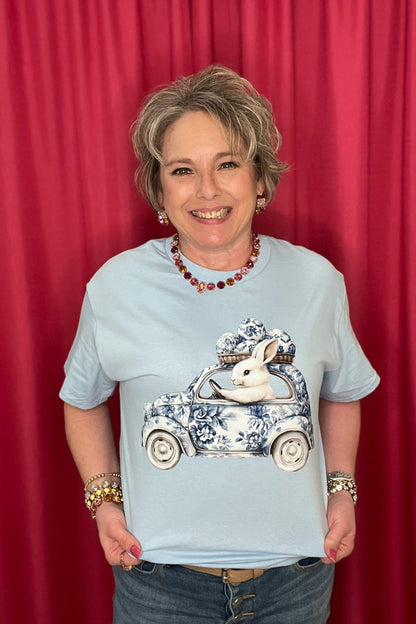 Easter Bunny in Car T-Shirt MISSY BASIC KNIT SUGAR STITCH 
