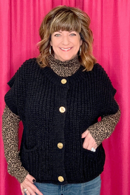 Cable Knit Vest w/Buttons &amp; Pockets JRTOP CASUAL TOP VERYJ 