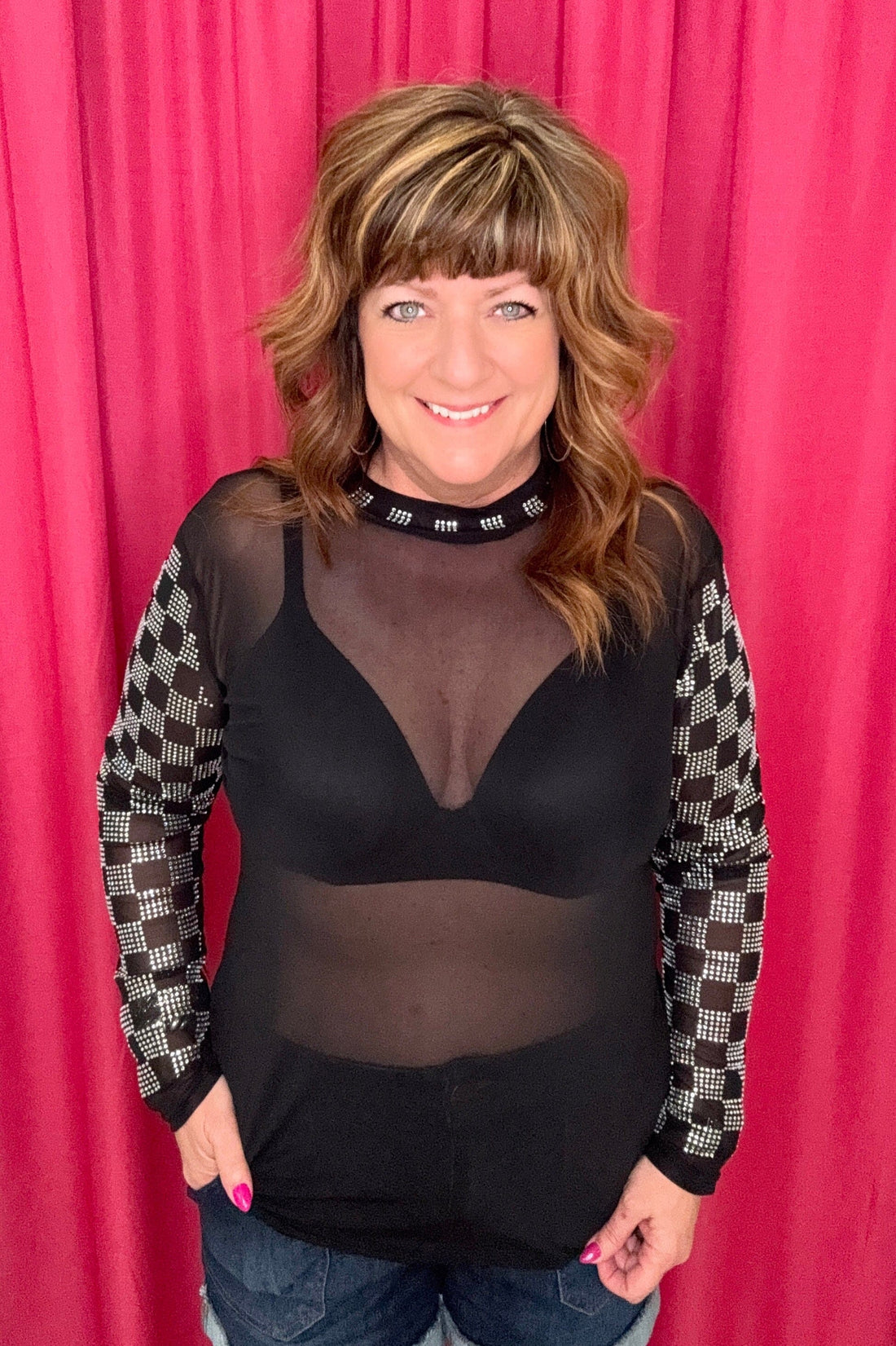 Checked in Black Mesh Top MISSY BASIC KNIT STERLINGKREEK 