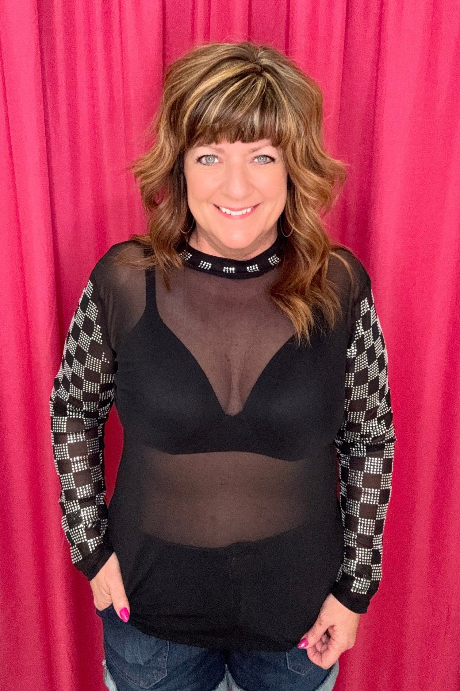Checked in Black Mesh Top MISSY BASIC KNIT STERLINGKREEK 