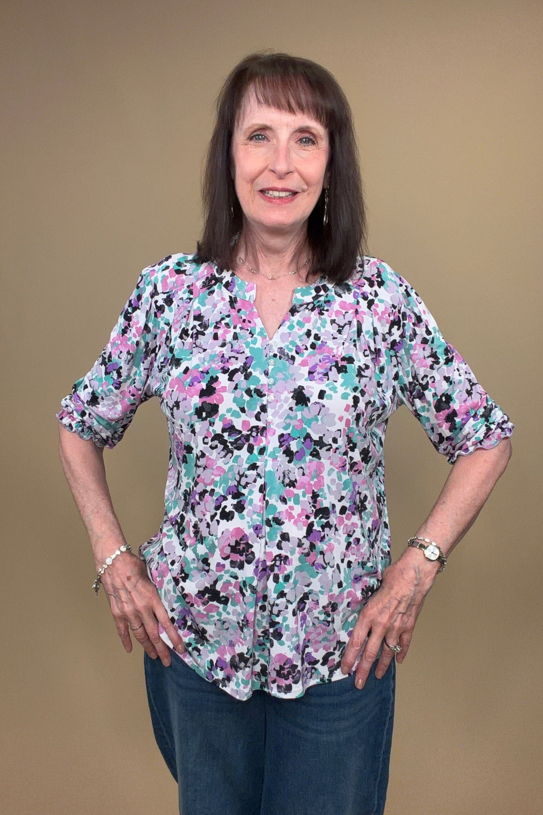 3/4 Sleeve Printed Top w/Buttons MISSY TOP SPECIAL SOUTHERN LADY 