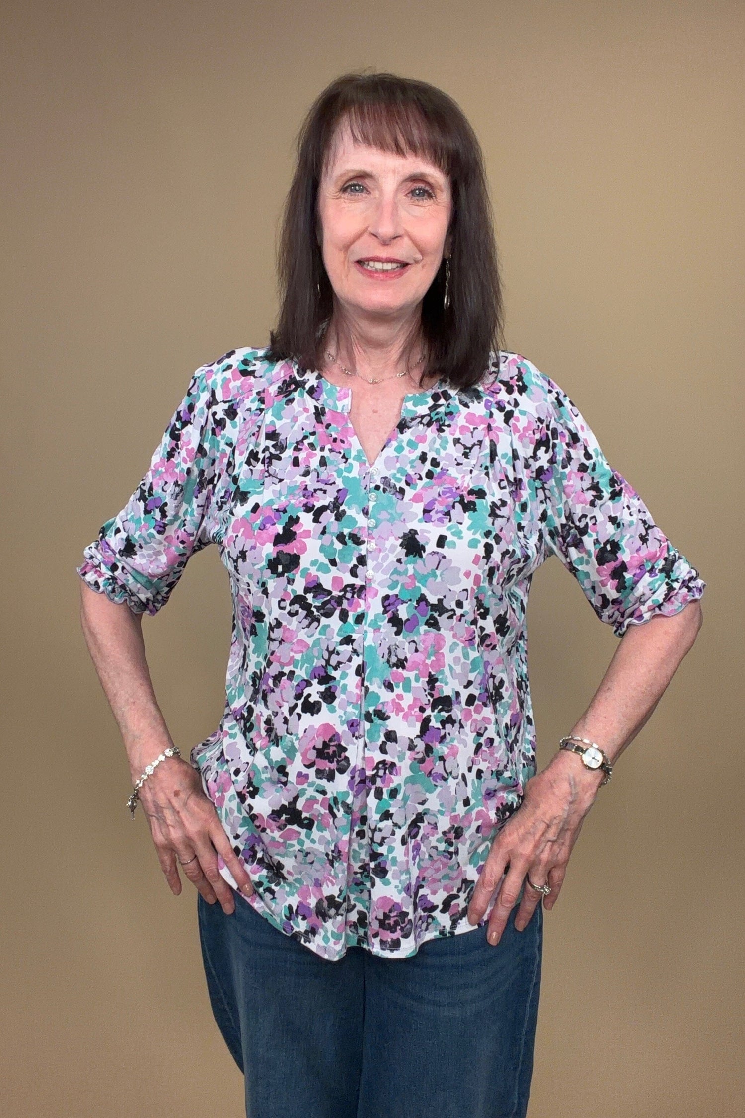 3/4 Sleeve Printed Top w/Buttons MISSY TOP SPECIAL SOUTHERN LADY 
