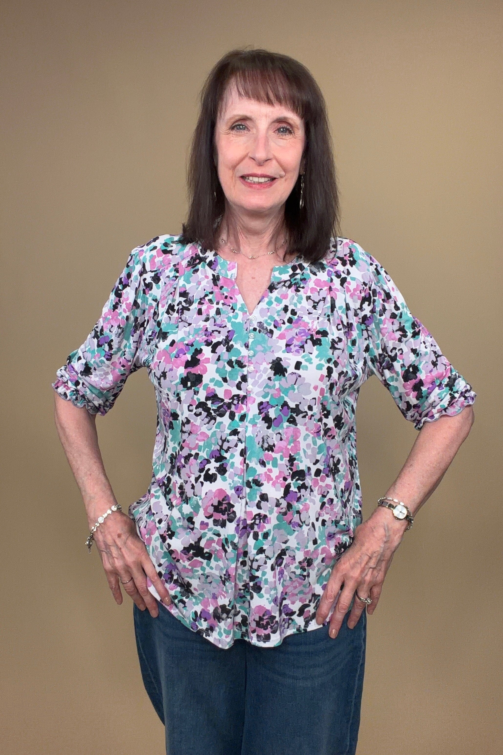 3/4 Sleeve Printed Top w/Buttons MISSY TOP SPECIAL SOUTHERN LADY 