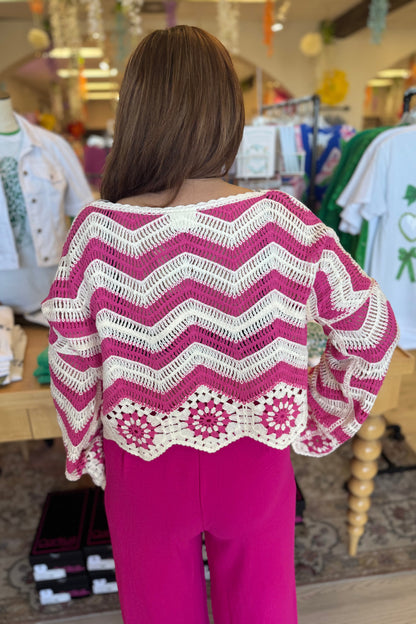 Long Sleeve Cropped ZigZag Crochet Top JRTOP CASUAL TOP VERYJ 