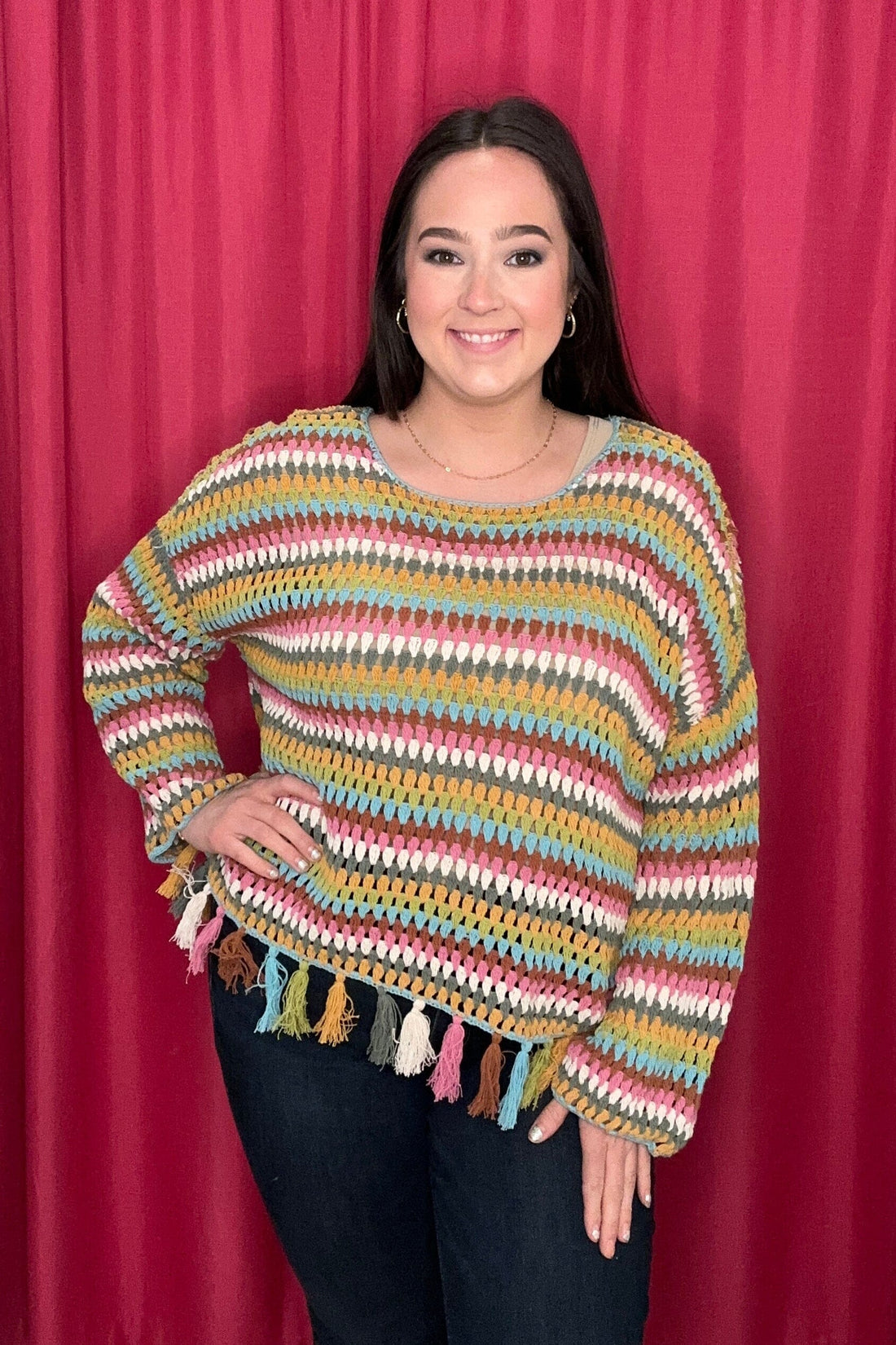 Long Bell Sleeve Sweater w/Tassels Trim MISSY TOP SPECIAL TRIBAL