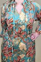 Printed 3/4 Sleeve Grosgrain Ruched Neck Dress DRESS DEMOCRACY 