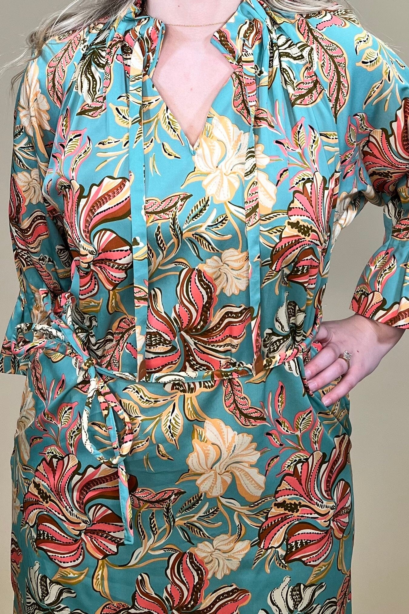 Printed 3/4 Sleeve Grosgrain Ruched Neck Dress DRESS DEMOCRACY 
