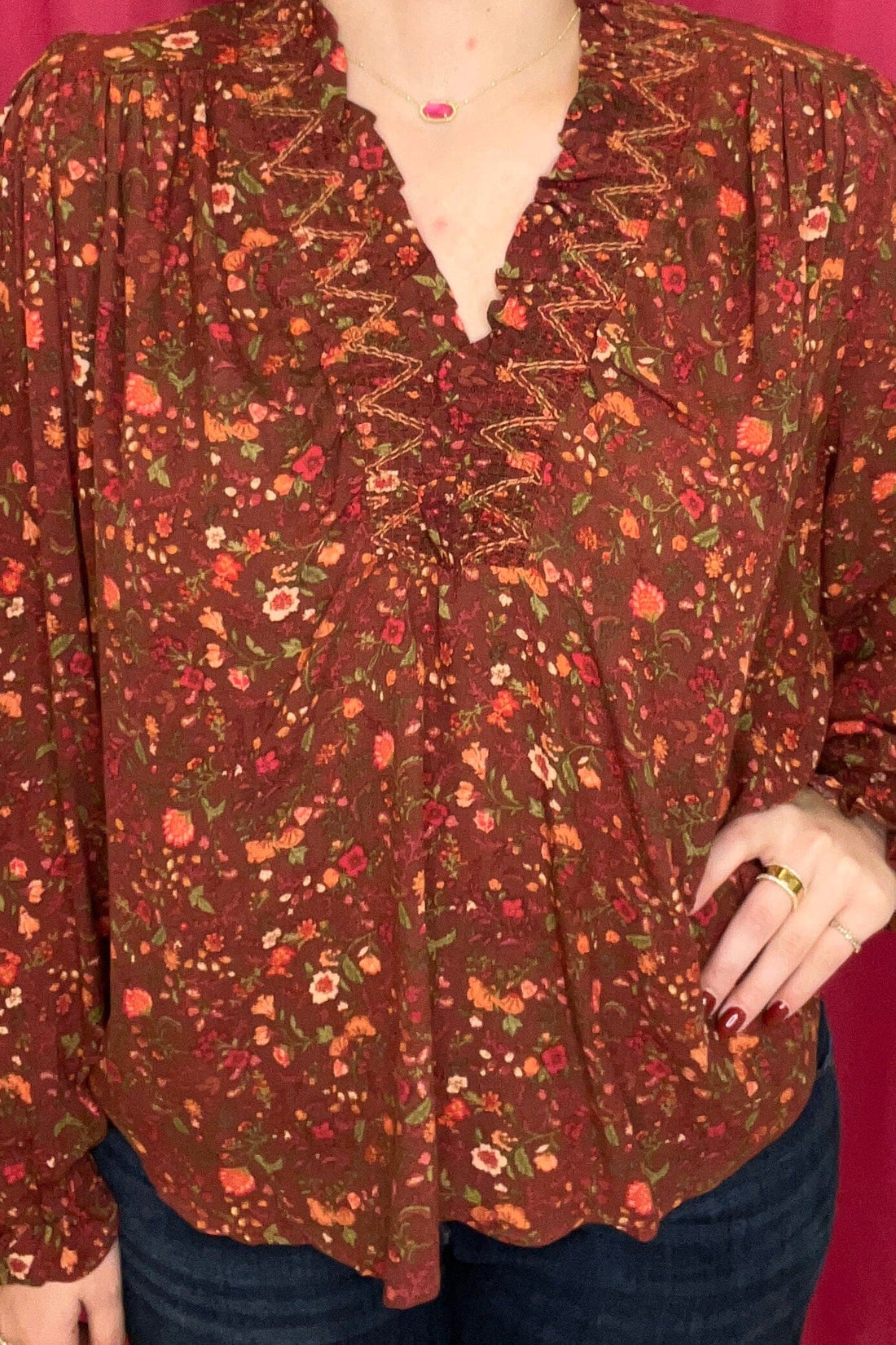 Long Sleeve Printed V-Neck Top JR TOP DRESSY EASEL 