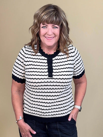 Short Sleeve Striped Sweater Top w/ Buttons JRTOP CASUAL TOP:~~Unassigned~~ JODIFL 