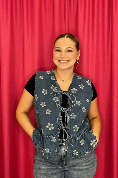Denim Vest w/Flowers and Ties &amp; Ruffle OUTFIT COMPLETER JODIFL 