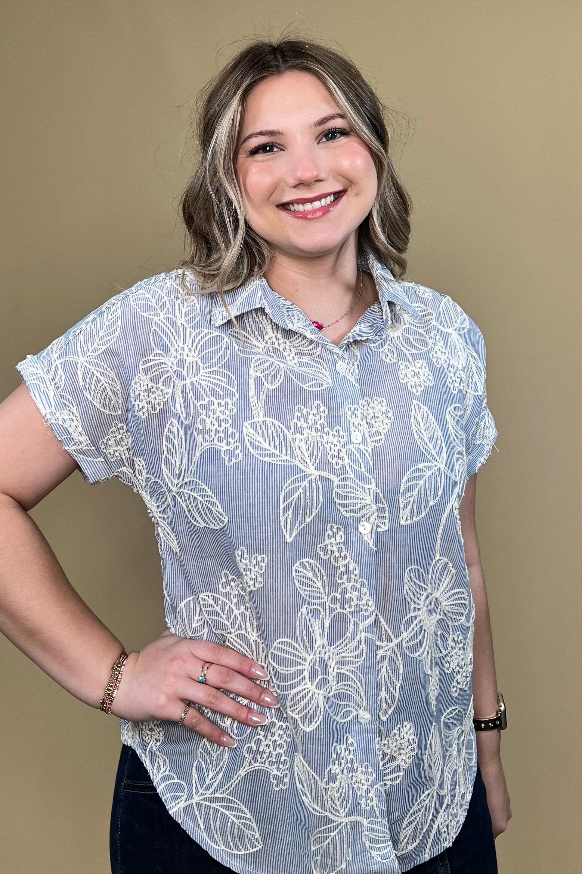 Short Sleeve Collared Button Down w/Stitching MISSY TOP SPECIAL CREATION 
