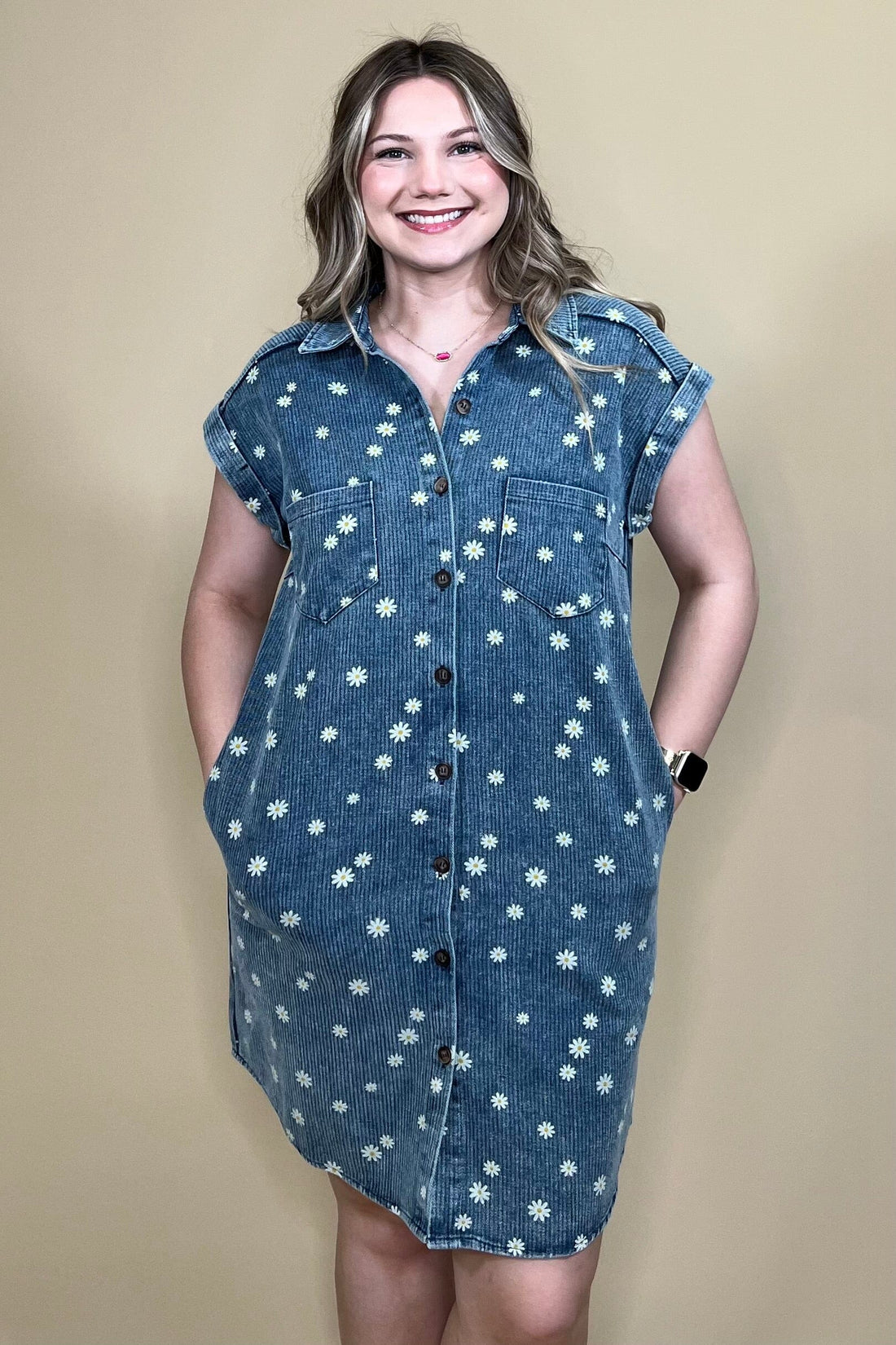Folded Cuff Button Down Collared Denim Dress DRESS SHE&amp;SKY 