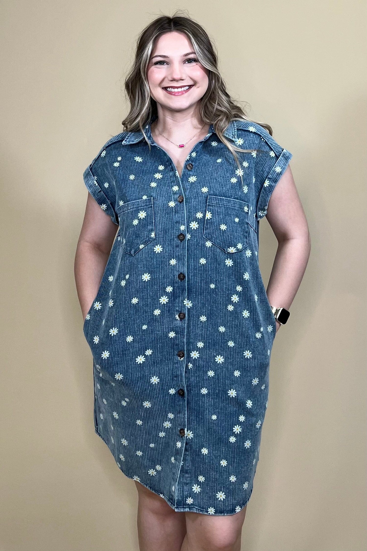 Folded Cuff Button Down Collared Denim Dress DRESS SHE&amp;SKY 
