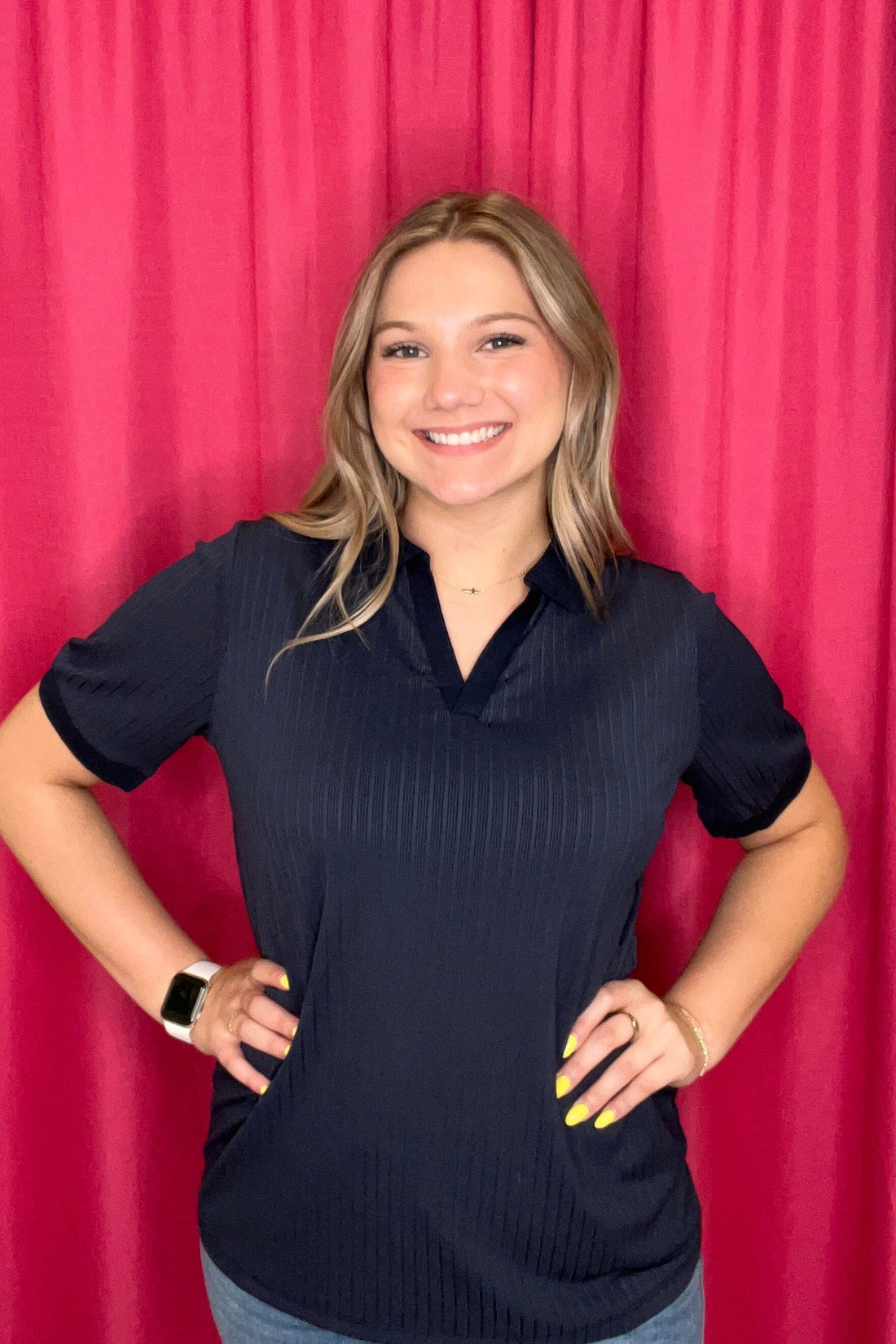 Rib Knit Polo Top w/Collar JRTOP CASUAL TOP SOUTHERN GRACE NVY XS 