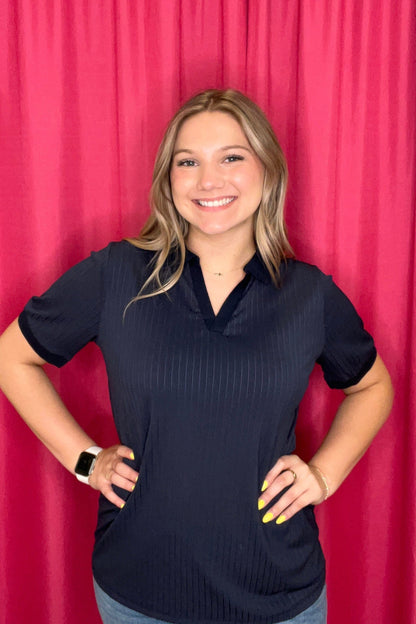 Rib Knit Polo Top w/Collar JRTOP CASUAL TOP SOUTHERN GRACE NVY XS 