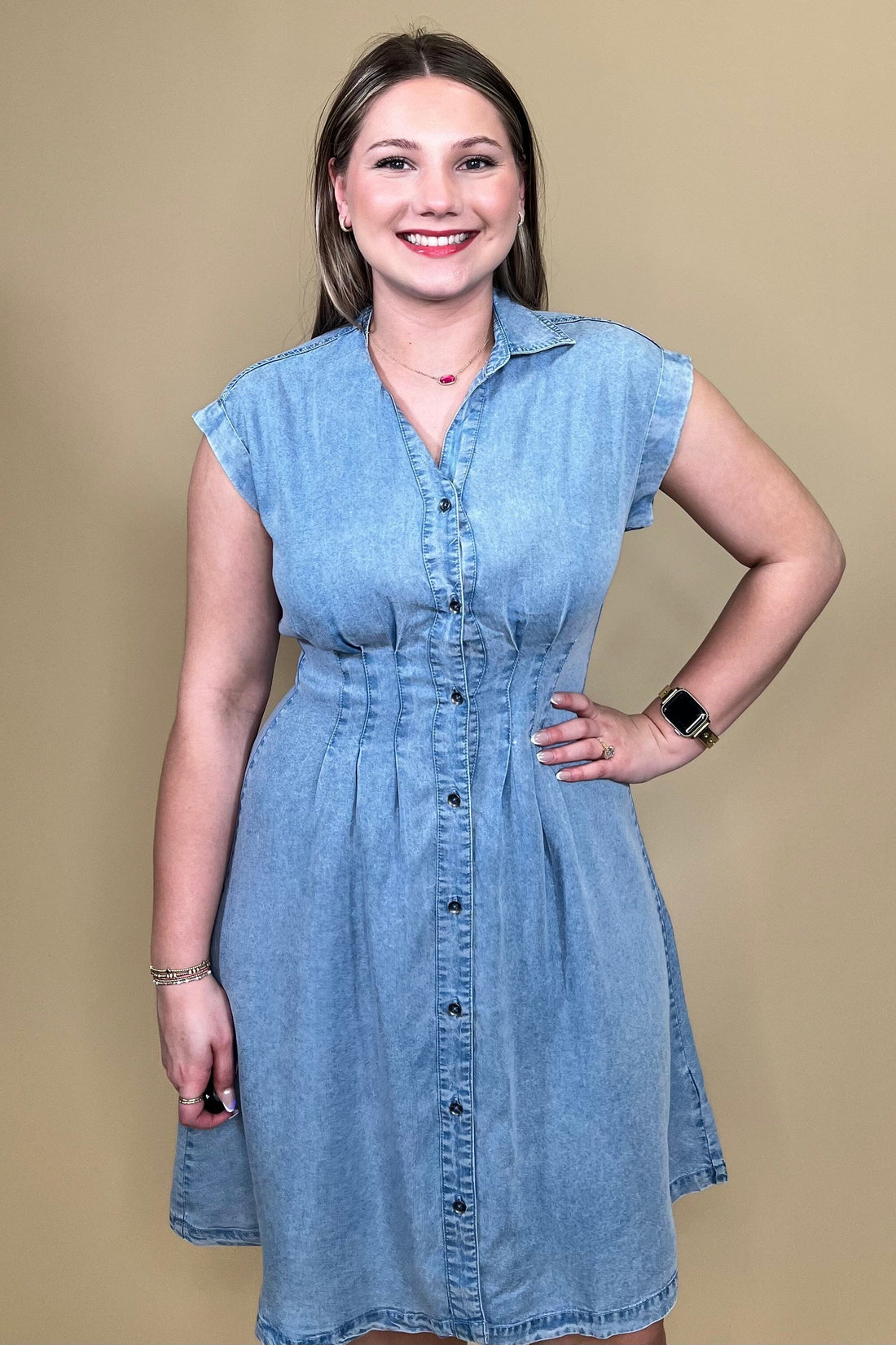 Sleeveless Denim Dress w/Gathered Waist DRESS ZAC &amp; RACHEL 
