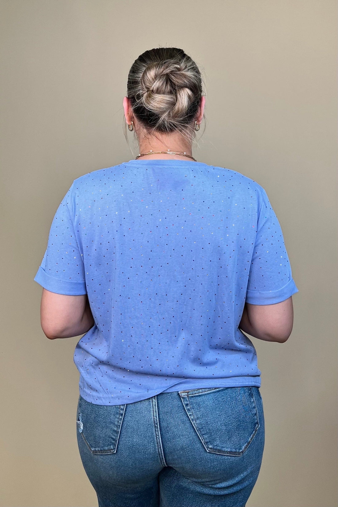 Short Rolled Sleeve Tee w/Colored Rhinestones JRTOP CASUAL TOP DAVI&amp;DANI 