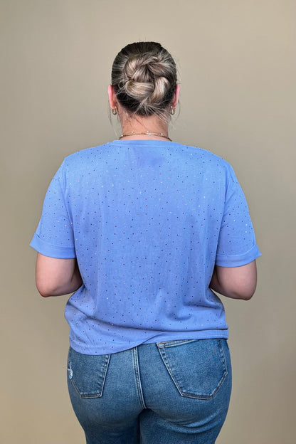 Short Rolled Sleeve Tee w/Colored Rhinestones JRTOP CASUAL TOP DAVI&amp;DANI 