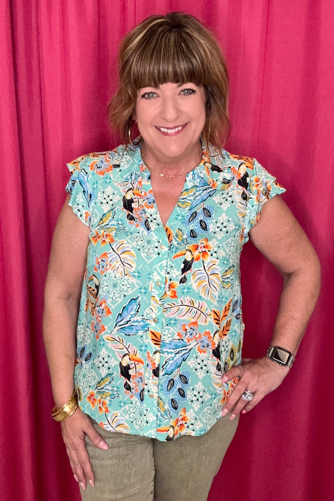 Double Flutter Cap Sleeve Button Down Print Top MISSY TOP SPECIAL DEMOCRACY 