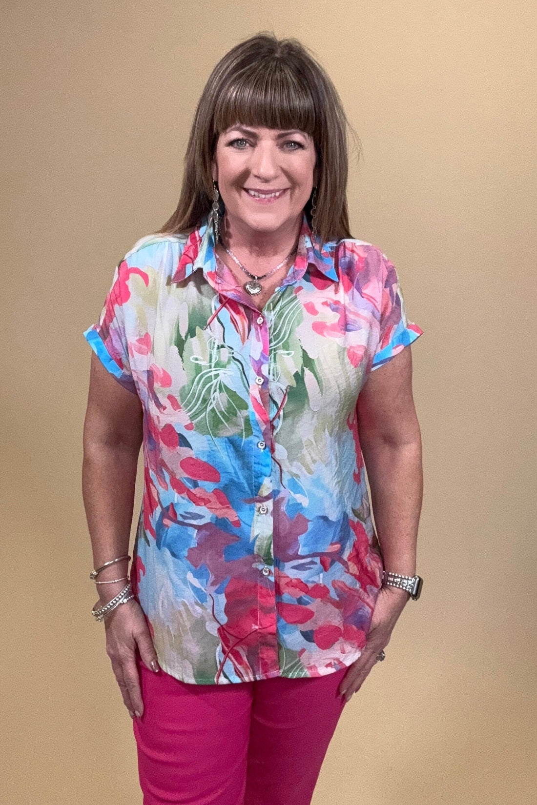 Printed Short Sleeve Button Down w/Collar MISSY TOP SPECIAL CREATION 