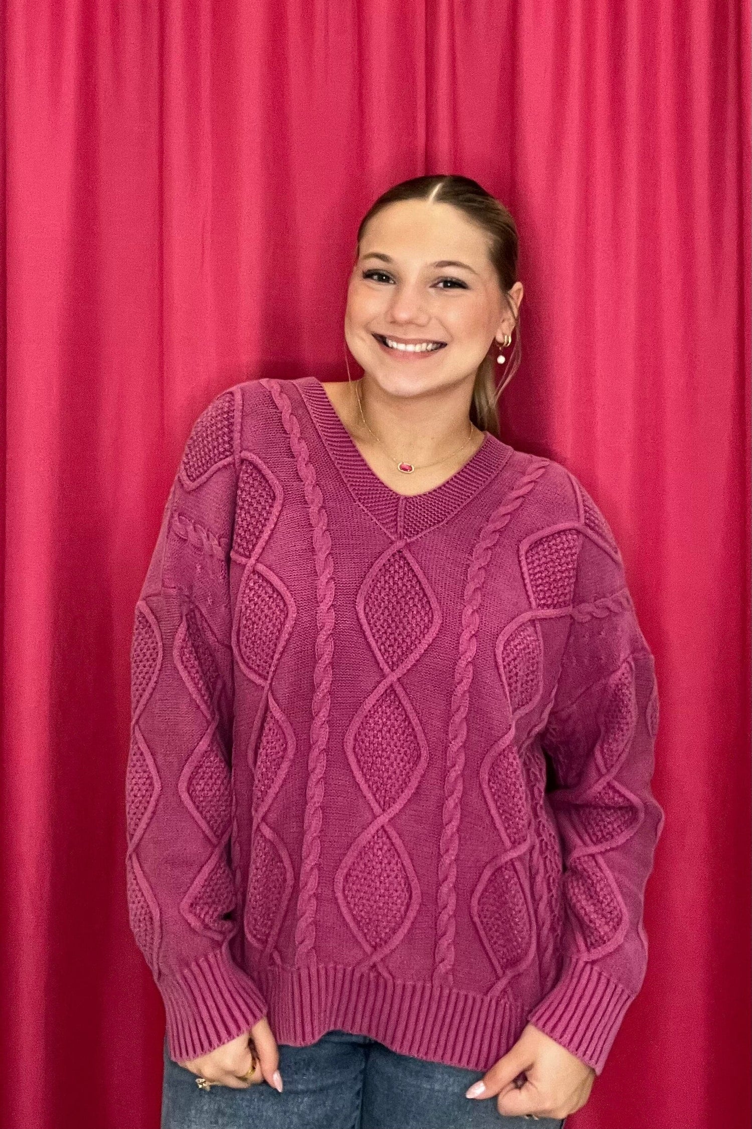 Long Sleeve Washed Cable Knit Sweater JRTOP CASUAL TOP SHE&amp;SKY 