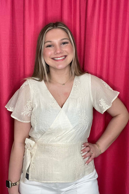 Short Sleeve Wrap Front Woven Top w/Tie MISSY TOP SPECIAL LIVERPOOL 