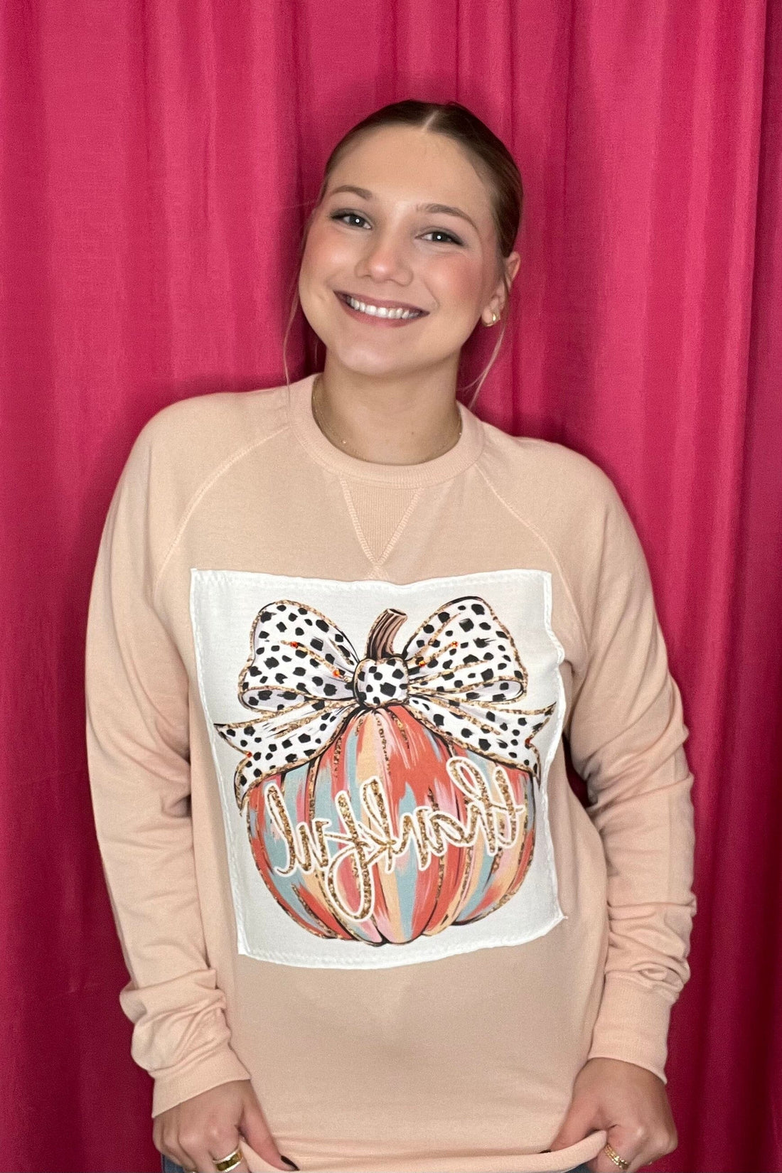 Crew Neck Sweatshirt w/Thankful Pumpkin MISSY BASIC KNIT BLINGAGOGO