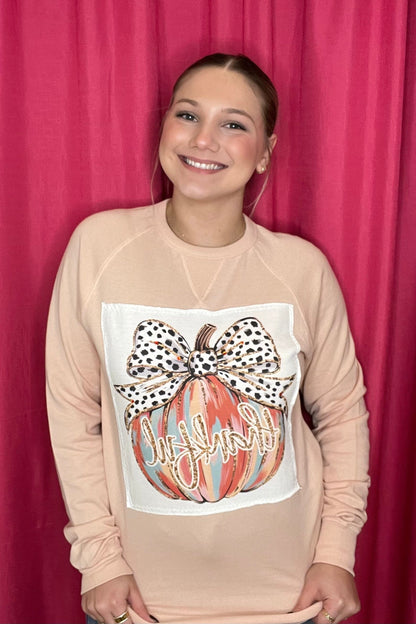 Crew Neck Sweatshirt w/Thankful Pumpkin MISSY BASIC KNIT BLINGAGOGO 