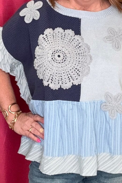 Short Sleeve Multi Fabric Top w/Crochet Flowers JRTOP CASUAL TOP DAVI&amp;DANI 