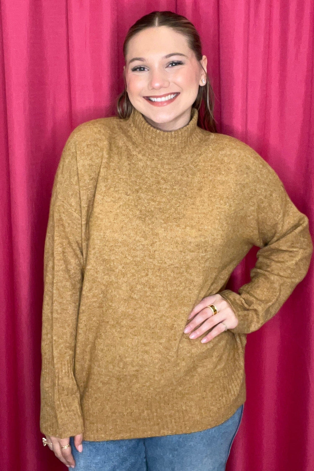 Long Sleeve Mock Neck Sweater w/Ribbing SWEATER KEREN HART FAWN S