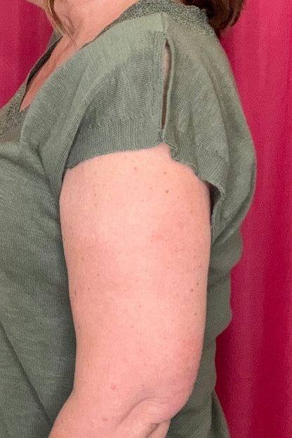 Short Split Sleeve Embroidered Lace V-Neck Sweater MISSY TOP SPECIAL DEMOCRACY 